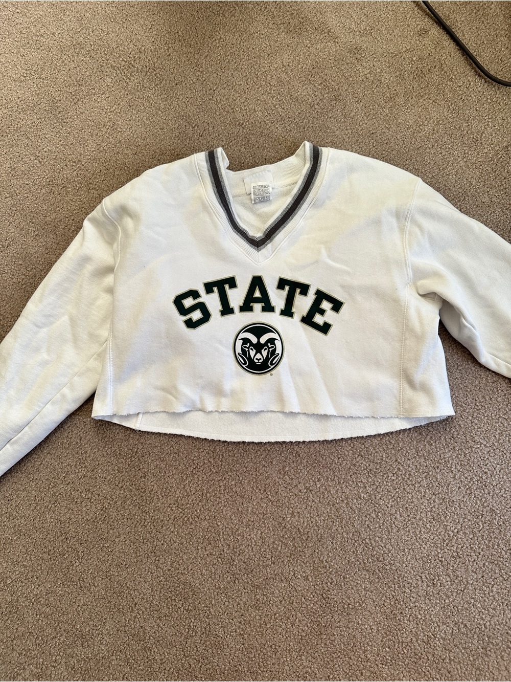 Champion Colorado State White Cropped V-Neck Sweater with Green Lettering